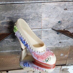 Resin Decorative Miniature Shoe Collectible – Pastel Scrollwork, Beaded Trim